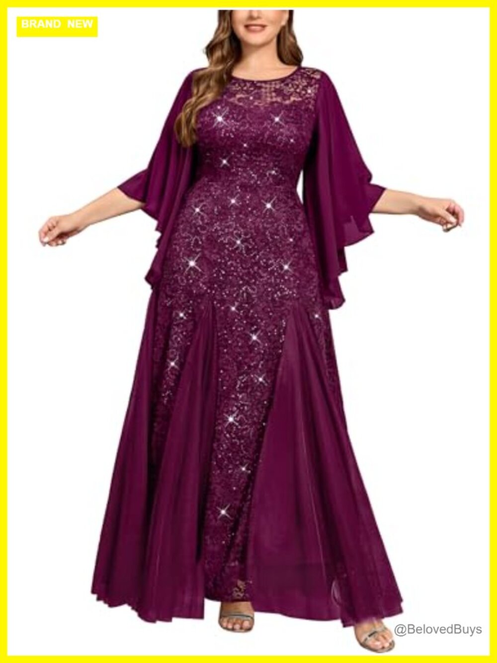 Plus Size Sequin Lace Tulle Formal Evening Long Dress Flowy Flutter Sleeves